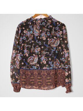 Anthropologie Fig and Flower Mock Neck Long Sleeve Paisley Top Boho Green Size M